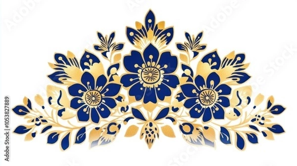 Obraz Traditional Indian pattern with floral motifs in gold on royal blue, inspired by heritage, isolated on white