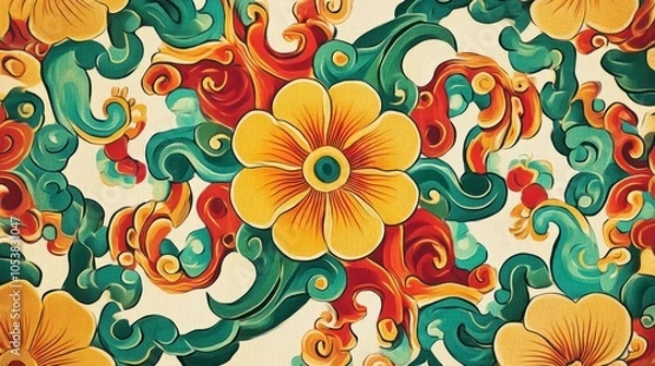 Obraz Traditional Korean abstract with vibrant dancheong patterns in green, red, and yellow, inspired by temple art, isolated on white