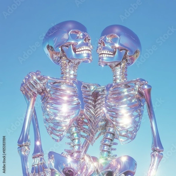Fototapeta Two chrome skeletons bonding in a luminous embrace