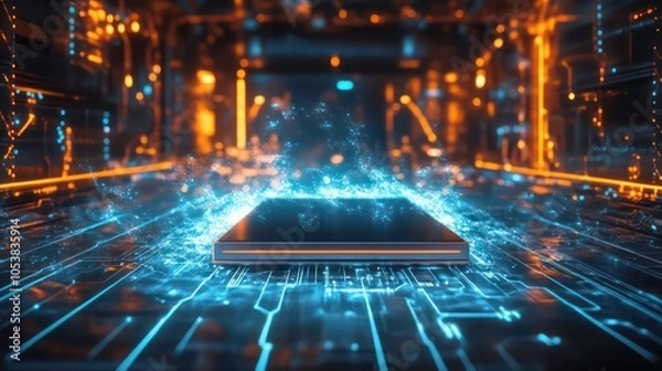 Obraz A futuristic circuit board with a glowing central chip, representing advanced technology.