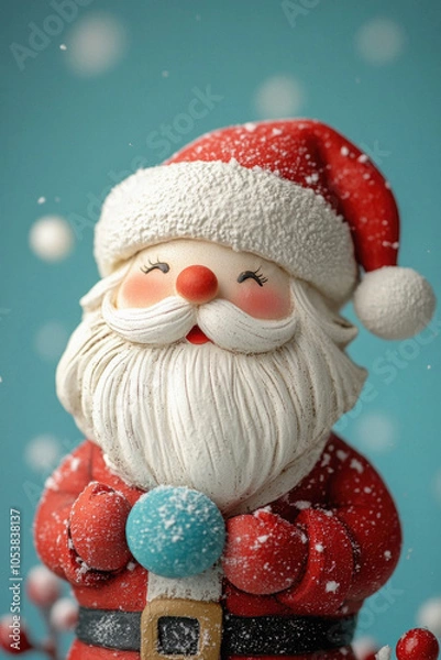 Fototapeta A santa statue is holding a blue ball and smiling. The snow is falling around him. Scene is cheerful and festive