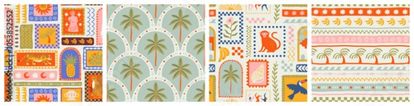 Fototapeta Retro hand drawn tropical summer seamless pattern set. Traditional patchwork style background illustration. Vintage exotic nature textile print collection. Jungle animal texture with tiger, palm tree.