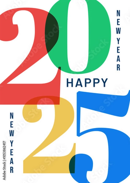 Fototapeta Happy New Year greeting card, banner, poster, holiday cover. Trendy Xmas template with typography and overlay elements, modern minimalist style for social media, invitation, leaflet, web, print