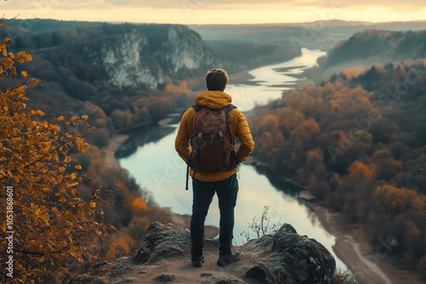 Fototapeta A man stands on a rocky outcrop overlooking a river valley during sunset in the autumn months surrounded by colorful foliage