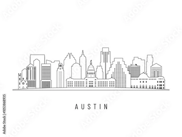 Fototapeta Detailed Austin skyline vector illustration. Austin buildings in line art style, perfect for modern designs.