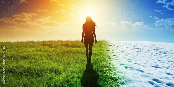 Fototapeta Silhouette of a woman walking along a field where the seasons transition from summer to winter with sunlight casting a long shadow