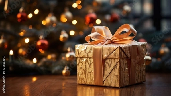 Fototapeta A shimmering gold gift box with a delicate bow sits on a wooden table, bathed in the warm glow of a festively lit Christmas tree.