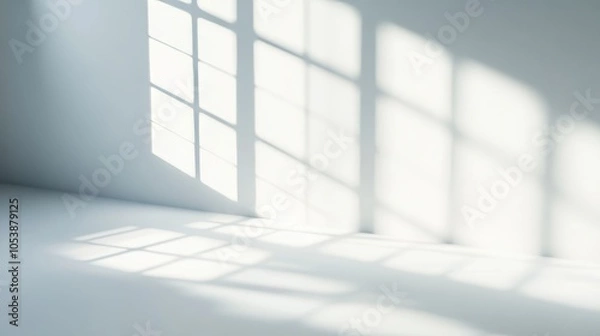Fototapeta Black shadow overlay from window on white texture wall. Abstract background with sunlight. Mockups, posters, stationary, wall art, design presentations.