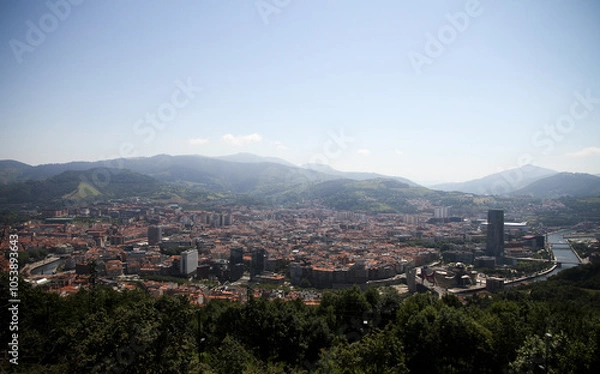 Fototapeta panorama of Bilbao, spain with blue sky, from mount artxanda