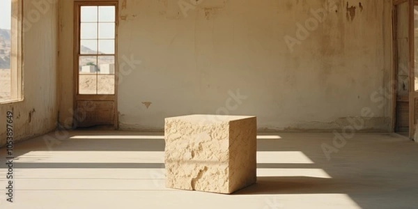 Obraz A Rough-Textured Cube in a Room with a Single Window and Sunbeams on the Floor