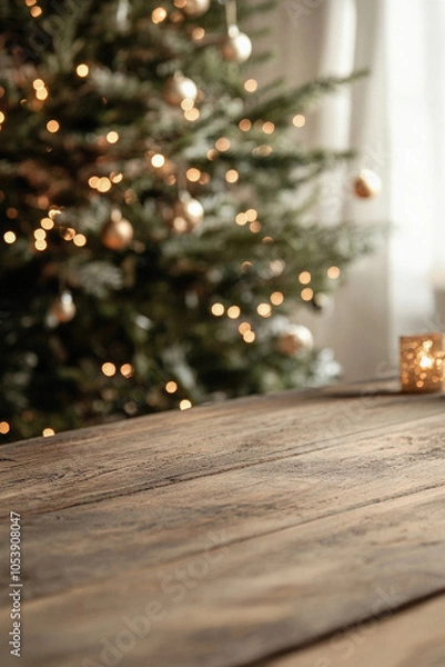 Fototapeta A Christmas tree with lights and ornaments is in front of a wooden table. The table is empty and the tree is the main focus of the image