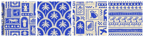 Fototapeta Retro hand drawn tropical summer seamless pattern set. Traditional patchwork style background illustration. Vintage exotic nature textile print collection. Jungle animal texture with tiger, palm tree.