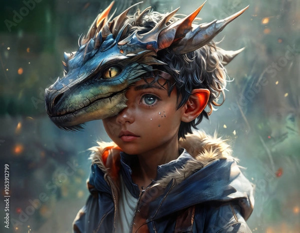 Obraz Boy in Dragon Mask - Fantasy Character Concept Art