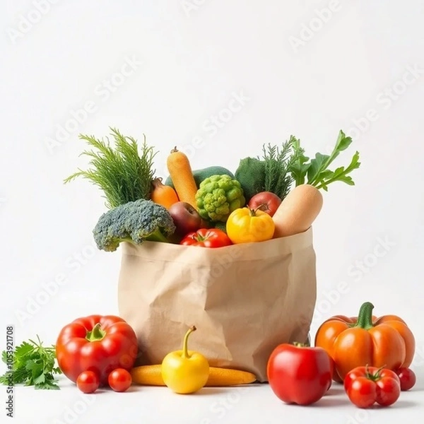 Obraz A paper bag filled with a variety of fresh and healthy vegetables symbolizes an eco-friendly lifestyle and healthy food consumption.