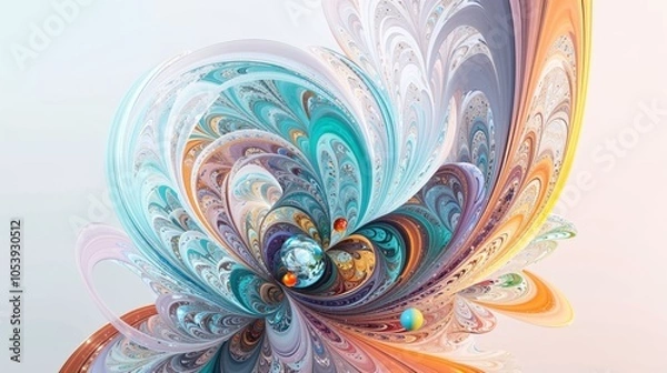 Fototapeta Colorful Fractal Swirl with Pastel Gradients and Intricate Geometric Patterns Featuring Floating Spheres