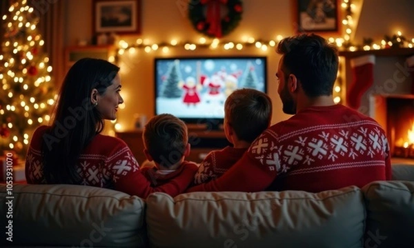 Fototapeta Happy family is sitting on the couch in front of the Christmas tree. They're watching a Christmas movie on TV