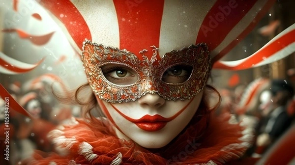 Fototapeta Guests in ornate enigmatic masks attending a mysterious Halloween masquerade party in a dimly lit ornate ballroom with a surreal dreamlike visual inspired by the Venetian Carnival