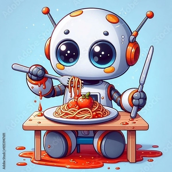 Obraz Cartton version of an ai mini robot eating spaghetti 