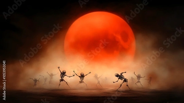 Fototapeta Skeletal figures dancing wildly and energetically under a blood red moon in a macabre moonlit ancient ruins setting inspired by the influence of Dia de los Muertos