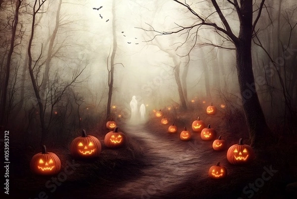 Fototapeta Creepy old growth forest path lined with gnarled bare trees reaching up to a moody atmospheric sky glowing jack o  lanterns guiding the way and ghostly figures drifting between the shadows