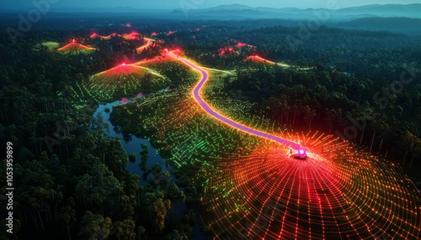 Fototapeta LiDAR Technology Scanning a Vibrant Landscape with High-Tech Drone