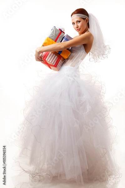 Fototapeta Classical bride with presents on the white background
