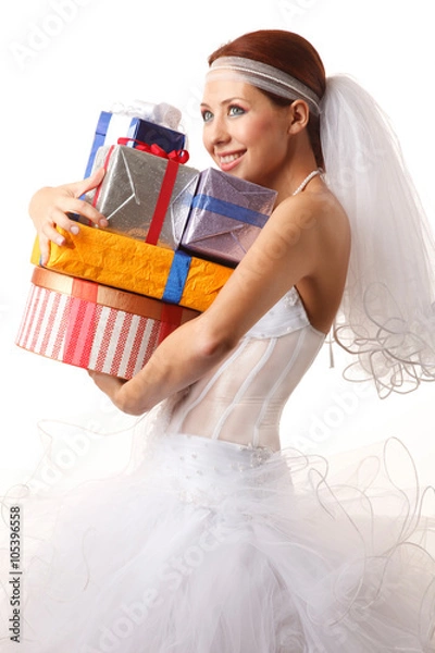 Fototapeta Classical bride with presents on the white background