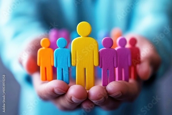 Fototapeta Protecting Our People: Colorful human figures nestled in caring hands, symbolizing community, support, and the value of every individual. A powerful image for HR, social work.