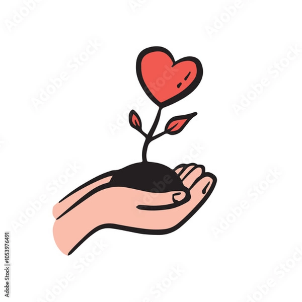 Fototapeta Two human hands growing heart from the earth. Self care, love yourself, acceptance concept. Charity, volunteer work icon. Valentines day vector illus