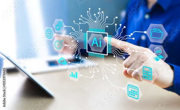Fototapeta Smart businessmen study, learn, analyze, and find information on trends and directions of industrial machinery marketing businesses through AI technology, artificial intelligence for the future.