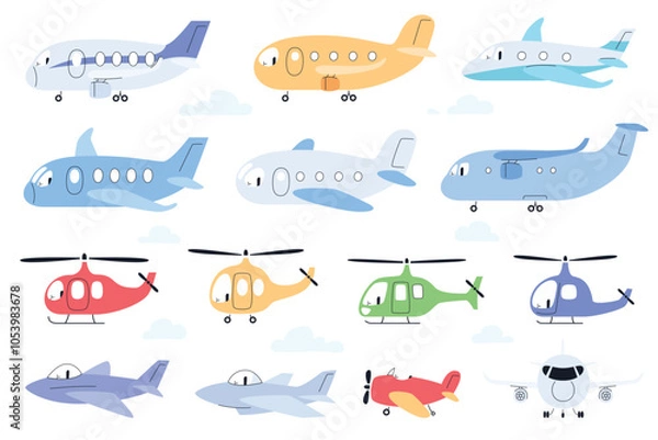 Obraz Airplanes and helicopters in cartoon style. Cute colorful air transport. Isolated flying transport, kids travel or airplane adventure. Vector illustration