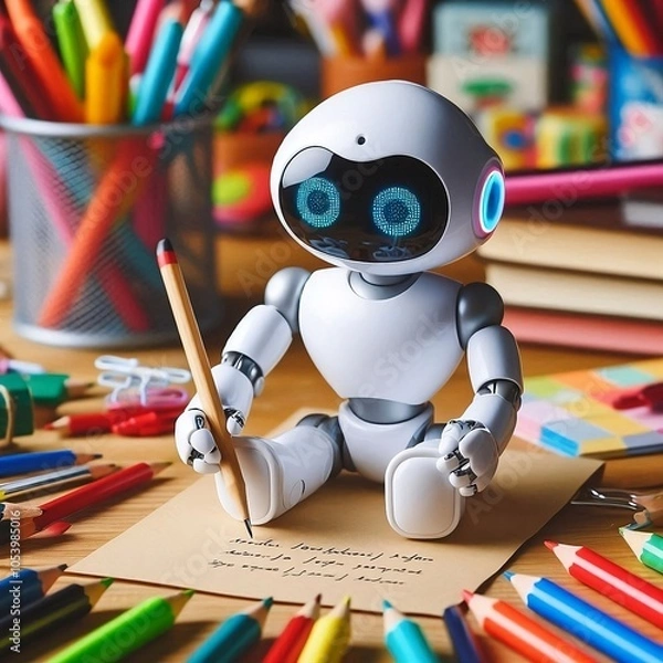 Obraz Mini ai robot writing on a piece of paper, surrounded by books and pencils