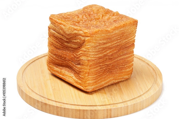 Fototapeta Korean tissue bread—a tall stack of ultra-thin, square bread layers with a buttery croissant-like dough. Photographed on a wooden base with a white background.
