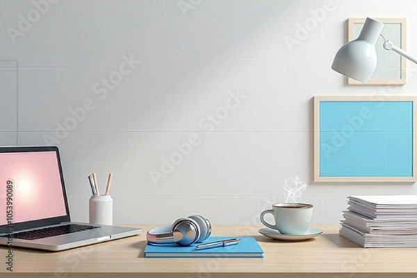 Fototapeta Minimalist Workspace with Laptop, Headphones, Notebooks, Coffee, and Lamp in Soft Pastel Colors – Modern Office Aesthetic for Productivity and Creativity