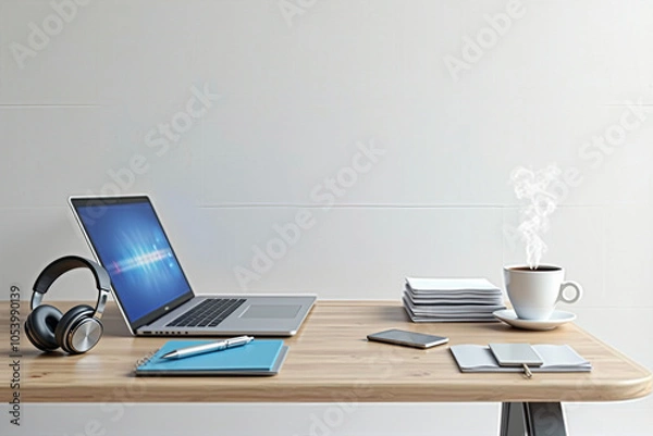 Fototapeta Minimalist Workspace with Laptop, Headphones, Notebooks, Coffee, and Lamp in Soft Pastel Colors – Modern Office Aesthetic for Productivity and Creativity