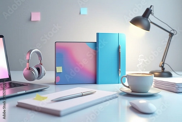Fototapeta Minimalist Workspace with Laptop, Headphones, Notebooks, Coffee, and Lamp in Soft Pastel Colors – Modern Office Aesthetic for Productivity and Creativity