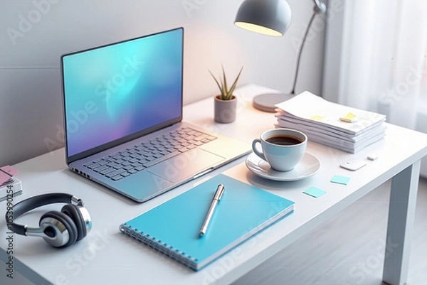 Fototapeta Minimalist Workspace with Laptop, Headphones, Notebooks, Coffee, and Lamp in Soft Pastel Colors – Modern Office Aesthetic for Productivity and Creativity