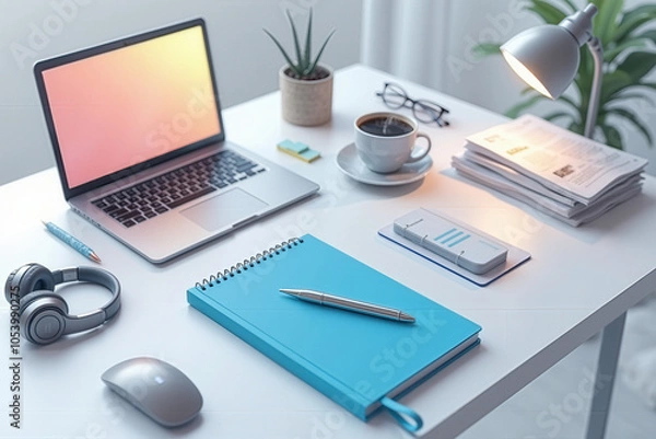 Fototapeta Minimalist Workspace with Laptop, Headphones, Notebooks, Coffee, and Lamp in Soft Pastel Colors – Modern Office Aesthetic for Productivity and Creativity