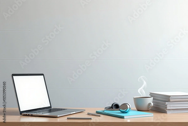 Fototapeta Minimalist Workspace with Laptop, Headphones, Notebooks, Coffee, and Lamp in Soft Pastel Colors – Modern Office Aesthetic for Productivity and Creativity