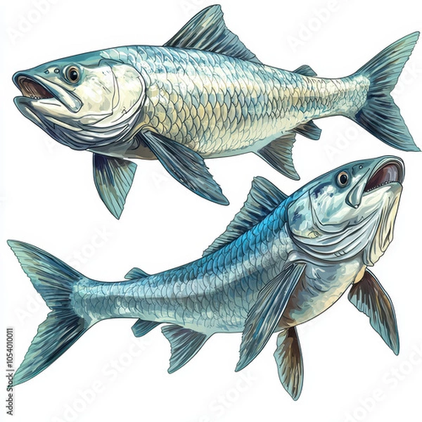 Fototapeta Illustration featuring two Tarpon fish, showcasing their distinct scales and streamlined bodies. vibrant colors and detailed textures highlight their aquatic beauty and dynamic presence