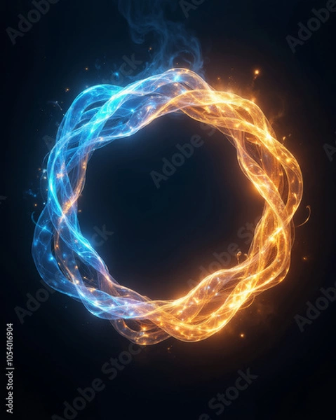 Fototapeta Fiery orange and cool blue energy intertwine in a circular loop, symbolizing balance between opposing forces against a dark background.