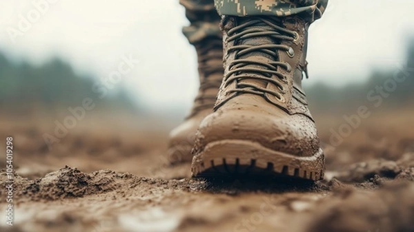 Fototapeta Close-up of muddy military boots standing on uneven terrain, illustrating resilience and the environment faced by soldiers.