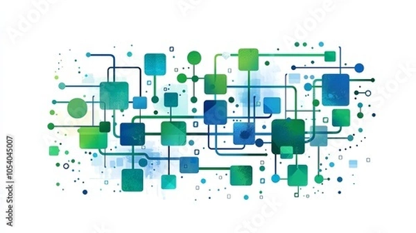 Fototapeta Flat ETL data pipeline illustration, modular blocks connected, green and blue color palette, white background