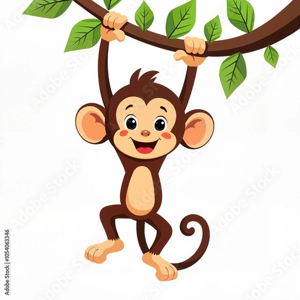 Obraz Cute Monkey with Cheerful Smile Swinging on Tree Branch against White Background