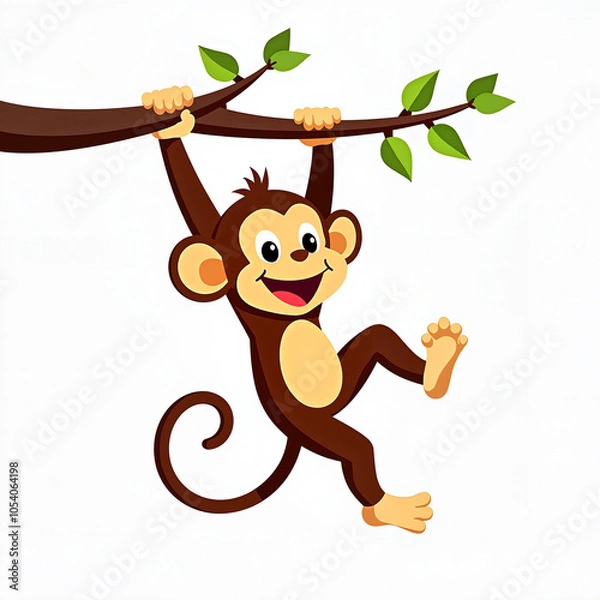Obraz Playful Cartoon Monkey Swinging Happily on Tree Branch Against White Background