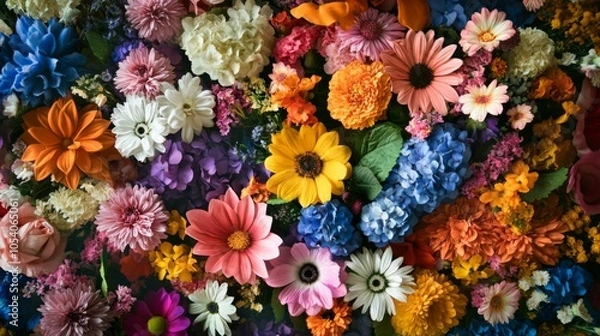 Fototapeta Display of colorful flowers at a florist's shop. Vibrant and inviting floral arrangement.