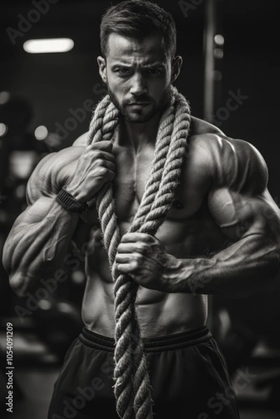 Fototapeta Man with a rope around his waist is posing for a photo. Concept of strength and determination, as the man is holding onto the rope with both hands. The black and white color scheme adds a timeless