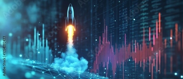 Fototapeta Rocket launching amidst stock chart, symbolizing financial growth and ambition, dynamic movement, vibrant colors, futuristic theme.
