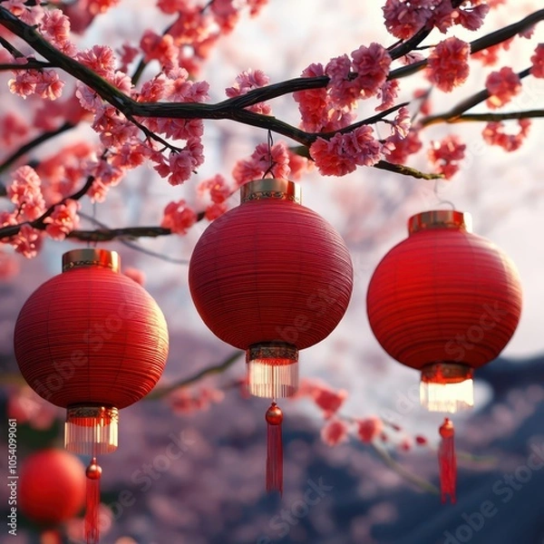 Fototapeta An illustration of red lanterns hanging from a cherry tree branch for Chinese New Year decoration, combining natural beauty with festive symbols.