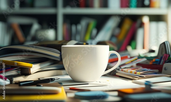 Fototapeta Realistic Mock Up of White Coffee Mug on an Artistic and Messy Desk
